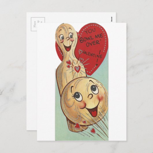 ヴィンテージのボーリングをするバレンタイン シーズンポストカード (正面/裏面)