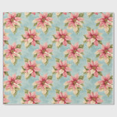 ヴィンテージのポインセチア花ピンク・ブルー・クリスマス ラッピングペーパー (フラット)