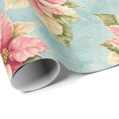 ヴィンテージのポインセチア花ピンク・ブルー・クリスマス ラッピングペーパー (ロールコーナー)