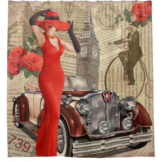 ヴィンテージのポスターのロンドンは新聞の背景を破った。 シャワーカーテン (正面)