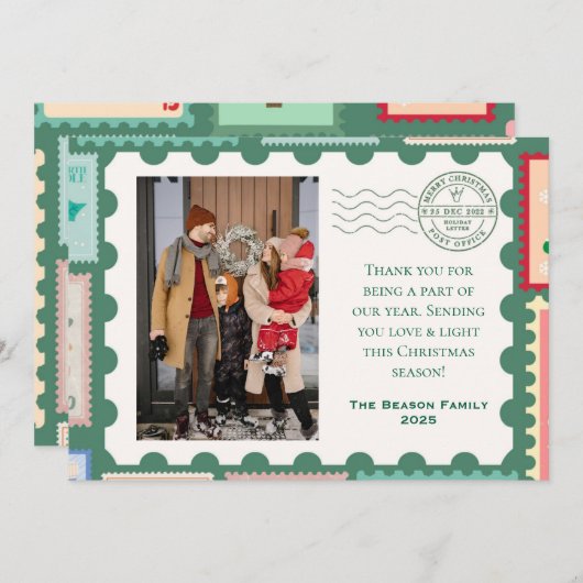 ヴィンテージのポストカード/スタンプをテーマにした写真のホリデーカード シーズンカード (正面/裏面)