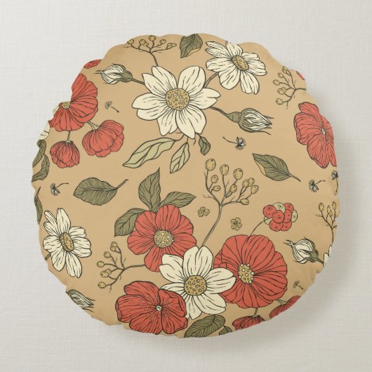 ヴィンテージのポピーとデイジーの花のシームレスなガーデンパット ラウンドクッション (正面)
