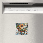 ヴィンテージのポメラニアンが木製のクリスマスソリに乗った絵 マグネット (インサイチュ (食洗機))