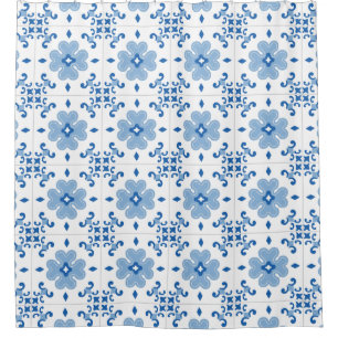 ヴィンテージのポルトガル人のAzulejoのタイルパターン シャワーカーテン