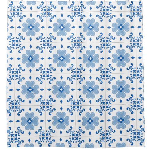 ヴィンテージのポルトガル人のAzulejoのタイルパターン シャワーカーテン (正面)