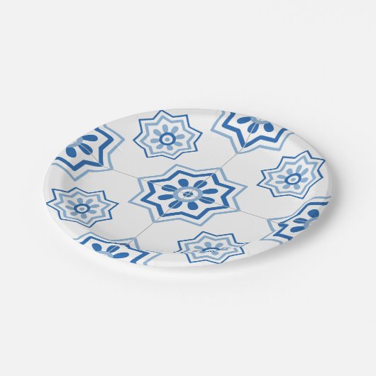 ヴィンテージのポルトガル人のAzulejoの青いタイルパターン ペーパープレート (アングル)