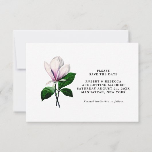 ヴィンテージのマグノリアの花のデザインのSave the Dateカード 招待状 (裏面)