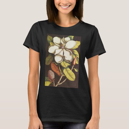ヴィンテージのマグノリアの花の植物の種付き Tシャツ (正面)