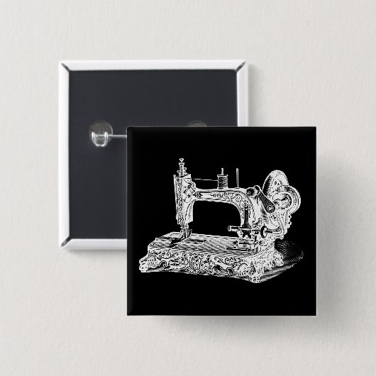 ヴィンテージのミシンのレトロ機械白い黒 缶バッジ (正面&裏面)