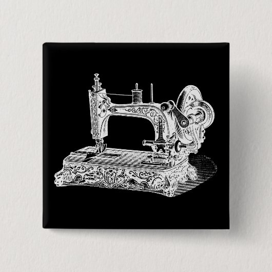 ヴィンテージのミシンのレトロ機械白い黒 缶バッジ (正面)