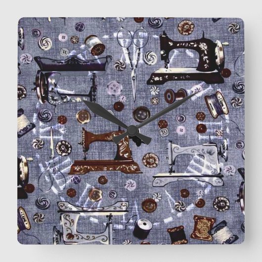 ヴィンテージのミシンの裁縫婦の柱時計 スクエア壁時計 (正面)