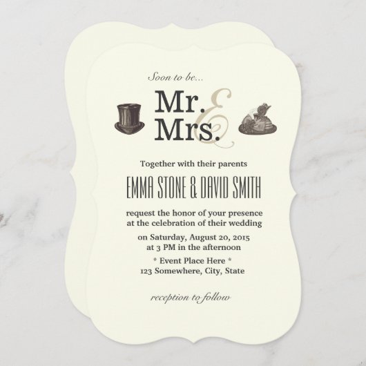 ヴィンテージのミスター＆ミセスの結婚式招待状 招待状 (正面/裏面)