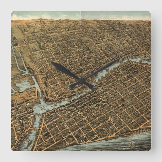 ヴィンテージのミルウォーキーの絵図（1872年） スクエア壁時計 (正面)