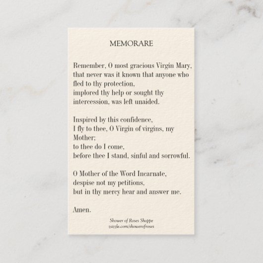 ヴィンテージのメリーイエス・キリストMemorare祈りの言葉の神聖なカード 名刺 (裏面)