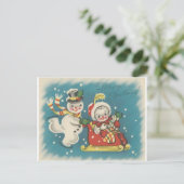 ヴィンテージのメリークリスマスの雪だるまのカップル シーズンポストカード (スタンド正面)