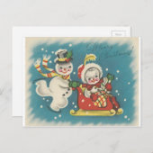 ヴィンテージのメリークリスマスの雪だるまのカップル シーズンポストカード (正面/裏面)