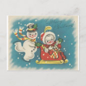 ヴィンテージのメリークリスマスの雪だるまのカップル シーズンポストカード (正面)