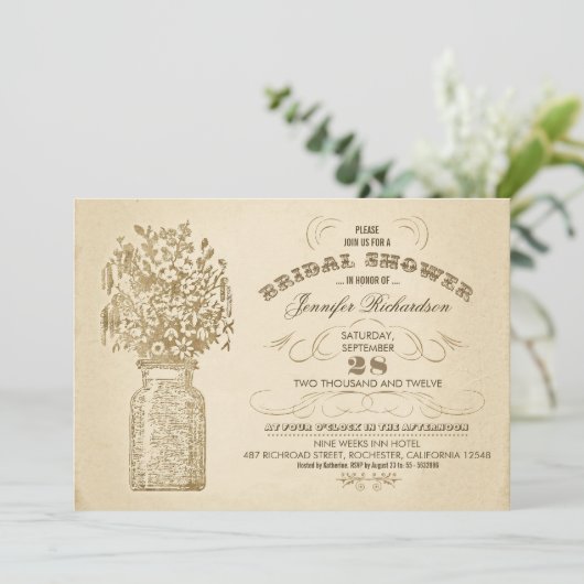 ヴィンテージのメーソンジャーの印刷のブライダルシャワーの招待 招待状 (スタンド正面)