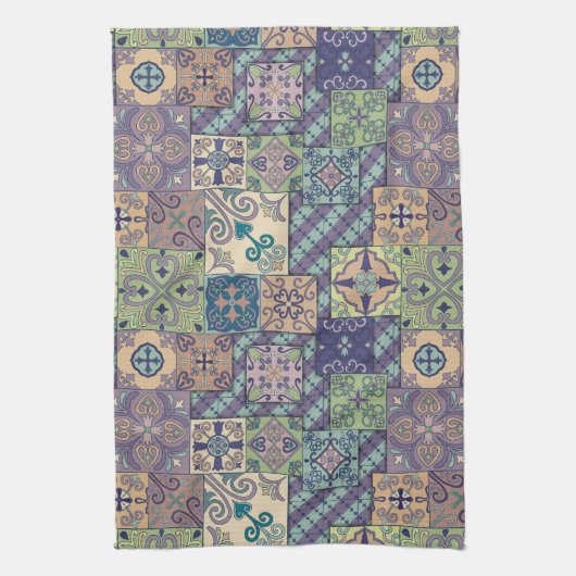 ヴィンテージのモザイクタラベラのオーナメント キッチンタオル (縦)