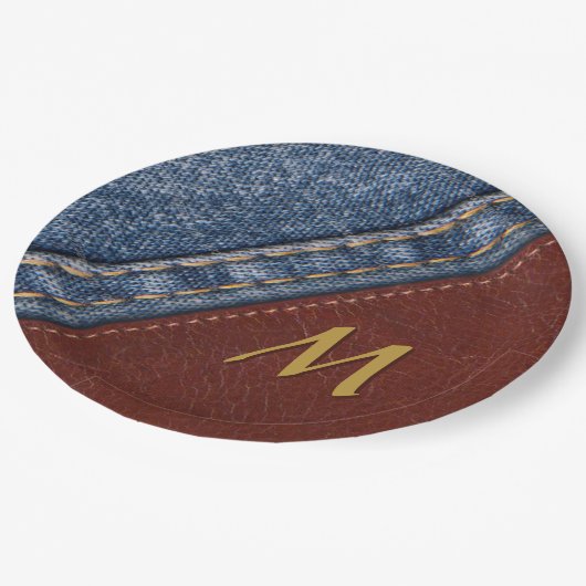 ヴィンテージのモノグラムのデニムおよび革 ペーパープレート (アングル)