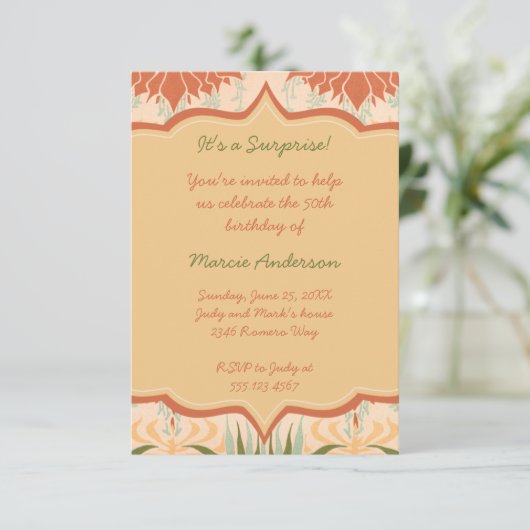 ヴィンテージのモモのアイボリーの緑の花のパーティの招待状 招待状 (スタンド正面)