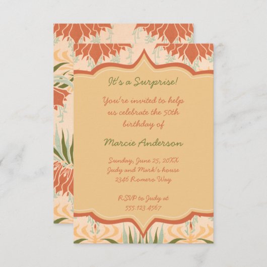 ヴィンテージのモモのアイボリーの緑の花のパーティの招待状 招待状 (正面/裏面)