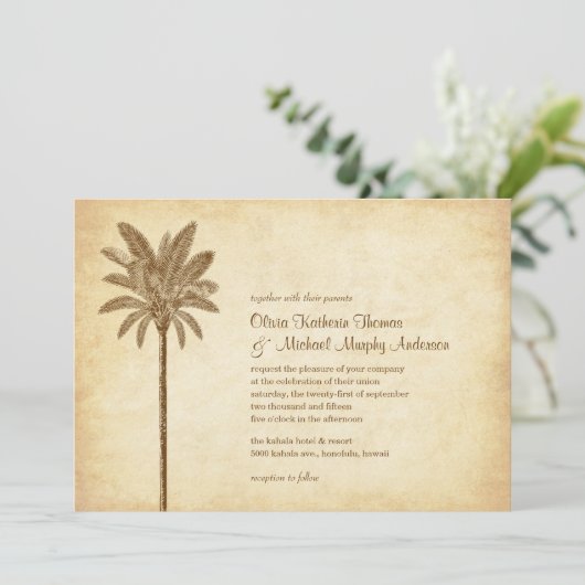 ヴィンテージのヤシの木のビーチ結婚式の招待状 招待状 (スタンド正面)