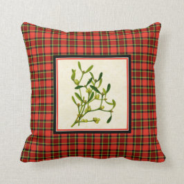 ヴィンテージのヤドリギが付いている明るいクリスマスの格子縞 クッション