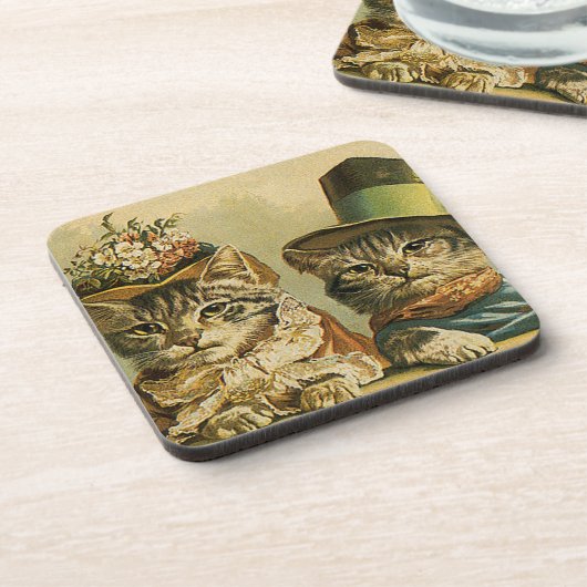 ヴィンテージのユーモア、帽子のビクトリアンな花嫁の新郎猫 コースター (左側)