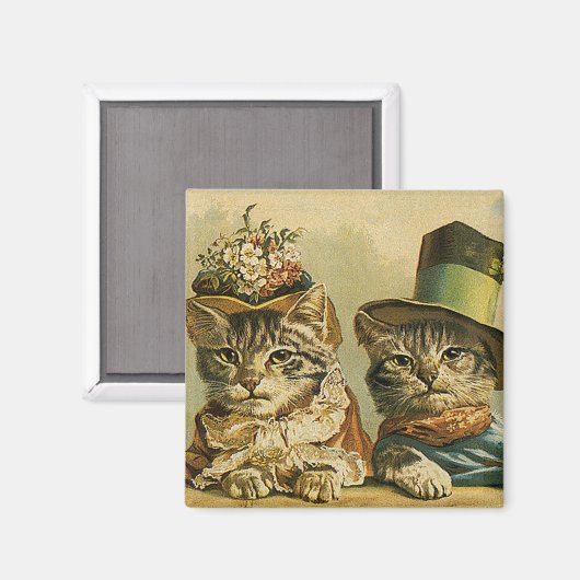 ヴィンテージのユーモア、帽子のビクトリアンな花嫁の新郎猫 マグネット (正面/裏面)