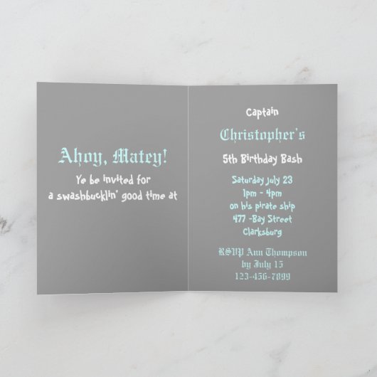 ヴィンテージのヨットの男の子の海賊誕生会 招待状 (内部)