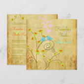 ヴィンテージのラブバード、偽のパーチメント背景。 招待状 (正面/裏面)