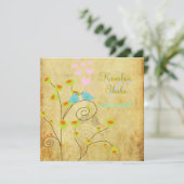 ヴィンテージのラブバード、偽のパーチメント背景。 招待状 (スタンド正面)