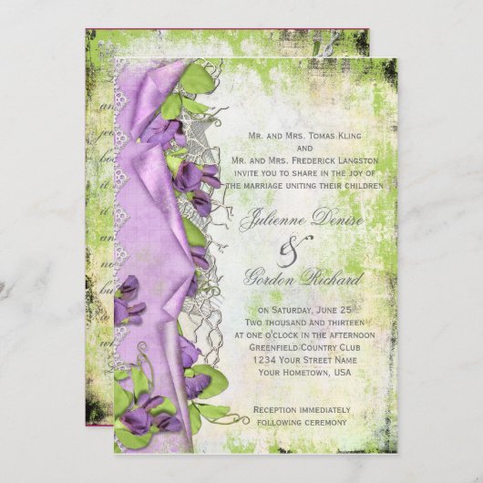 ヴィンテージのラベンダーの紫色のスイートピーの花柄の結婚式 招待状 (正面/裏面)