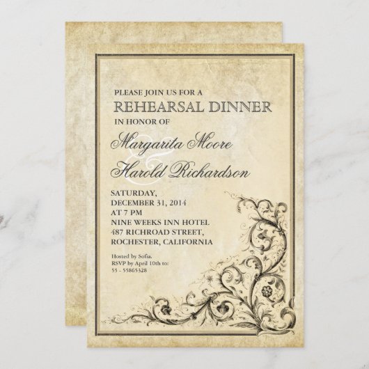 ヴィンテージのリハーサルの夕食の招待の華麗さの渦巻 招待状 (正面/裏面)