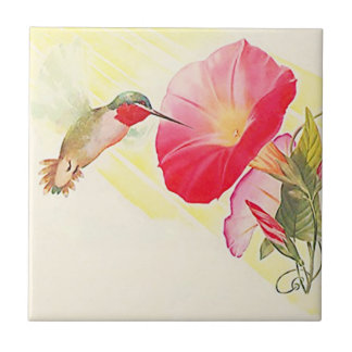 ヴィンテージのルビー色のThroatedハチドリの鳥の花のタイル タイル