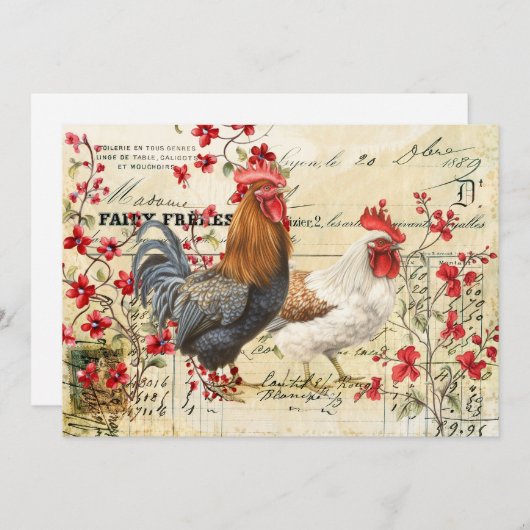 ヴィンテージのルースターとヘンエフエマデクページ 招待状 (正面/裏面)