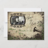 ヴィンテージのレコードプレーヤーの結婚式の保存日付の緑 セーブザデート (正面)