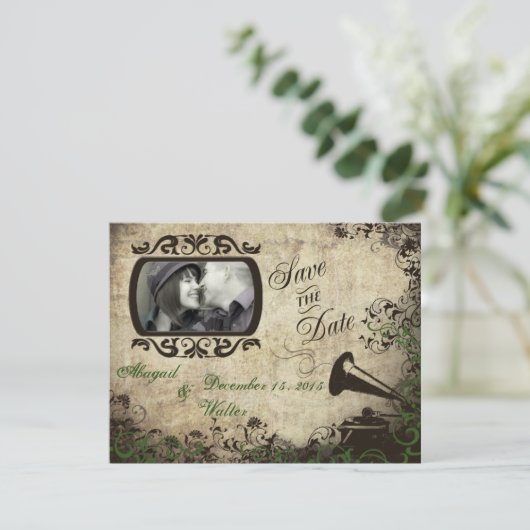 ヴィンテージのレコードプレーヤーの結婚式の保存日付の緑 セーブザデート (スタンド正面)