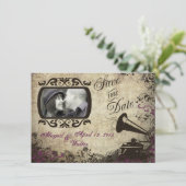 ヴィンテージのレコードプレーヤーの結婚式の保存日付カード セーブザデート (スタンド正面)