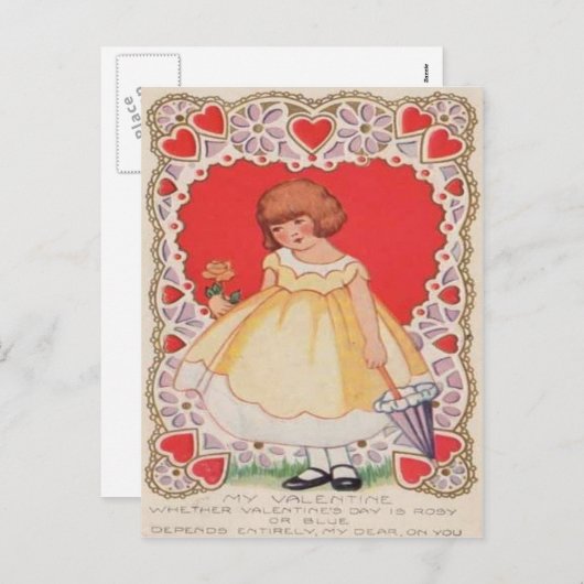 ヴィンテージのレトロのかわいい女の子のハートのバレンタインカード シーズンポストカード (正面/裏面)
