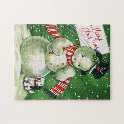 ヴィンテージのレトロのクリスマスの雪だるまカードパズル ジグソーパズル (横)