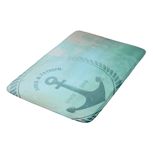 ヴィンテージのレトロのティール（緑がかった色）のいかりの航海のな結婚式のカスタム バスマット (アングル)