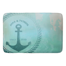 ヴィンテージのレトロのティール（緑がかった色）のいかりの航海のな結婚式のカスタム バスマット