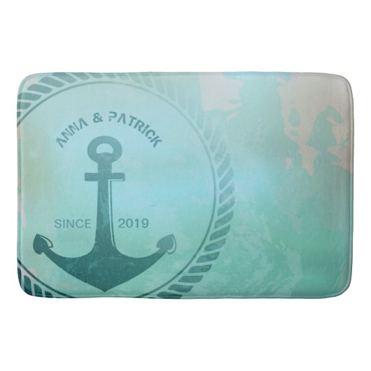 ヴィンテージのレトロのティール(緑がかった色)のいかりの航海のな結婚式のカスタム バスマット (正面)