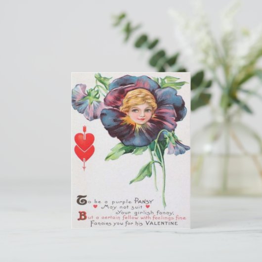ヴィンテージのレトロのパンジーのバレンタインカード シーズンポストカード (スタンド正面)