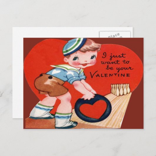 ヴィンテージのレトロのボーリングのバレンタインカード シーズンポストカード (正面/裏面)