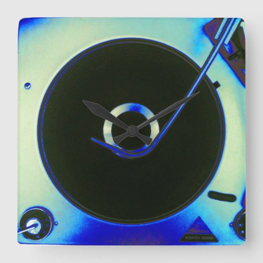 ヴィンテージのレトロのレコードプレーヤーの時計 スクエア壁時計 (正面)