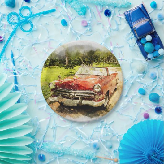 ヴィンテージのレトロの古くクラシックな車の自動水彩画の芸術 ペーパープレート (パーティー)