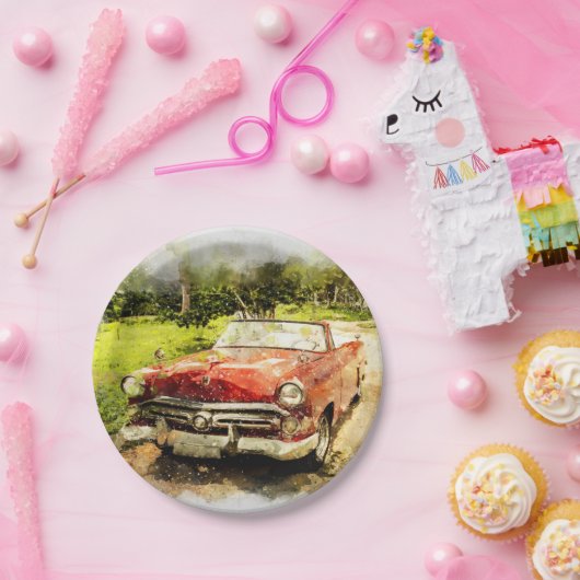 ヴィンテージのレトロの古くクラシックな車の自動水彩画の芸術 ペーパープレート (パーティー)